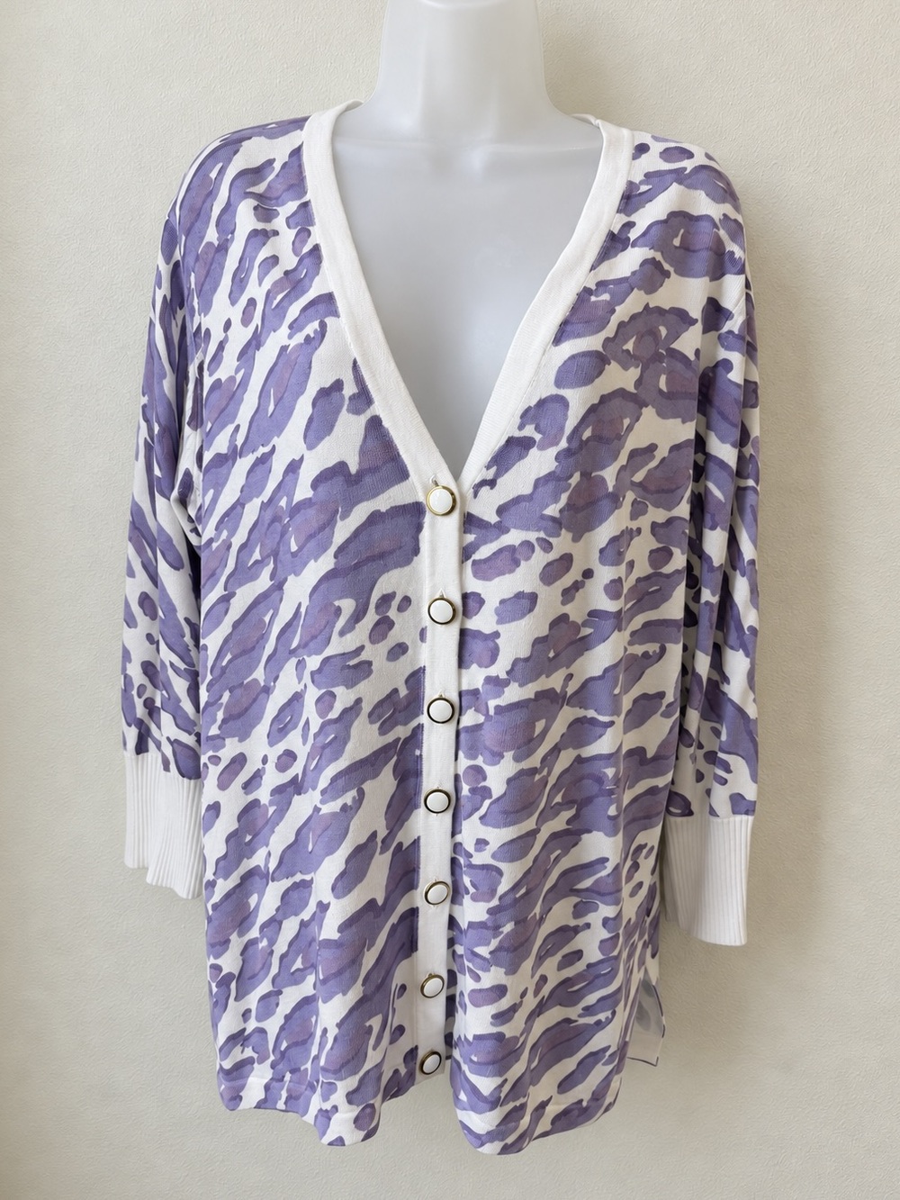 Vintage 90s Bob Mackie Large Purple Leopard Animal Print Cardigan